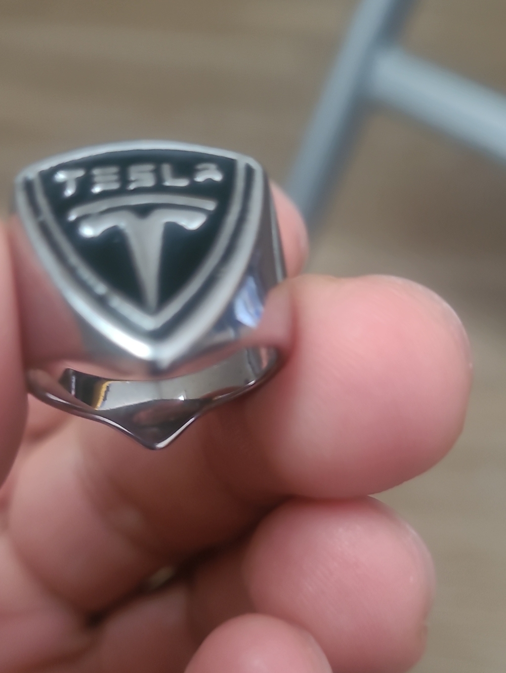 Tesla Shield Logo Ring in Black and Silver Stainless Steel